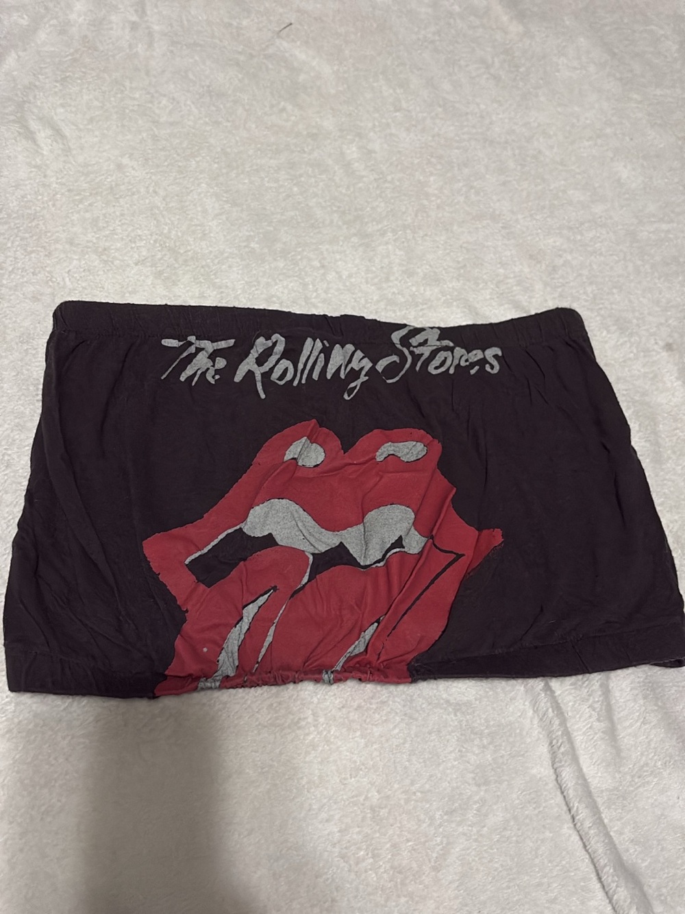 the Rolling Stones Black Tube Crop Top with Red & Gray Tongue Graphic
